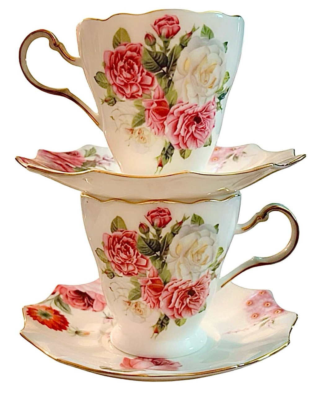 2 Flawless Meritage Floral Gold-Trim Teacups & Saucers - Pink & White Roses